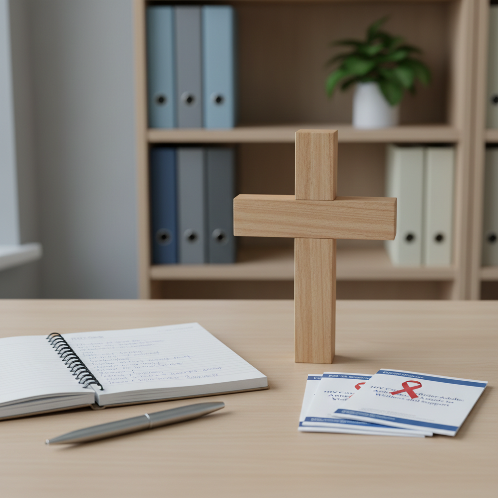 A simple wooden cross standing upright on a smooth, light-colored desk, flanked by a neatly arranged spiral-bound notebook, a silver pen, and a small stack of printed educational pamphlets about HIV care for older adults. A discreet red awareness ribbon rests atop the pamphlets. Behind the desk, a softly blurred bookshelf holds organized binders and a single green plant, suggesting an orderly ministry office. Cool, even daylight from a nearby window illuminates the scene, creating gentle reflections on the pen and subtle shadows under each object. Photographic realism, eye-level composition with a moderate depth of field for clarity. The mood is professional yet compassionate, reflecting a trustworthy, informative HIV ministry environment.