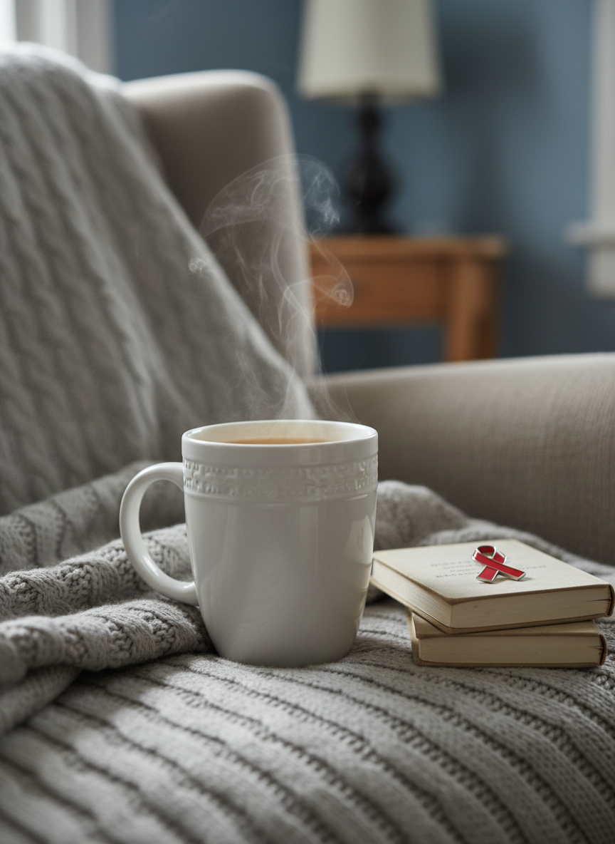 A close-up of a white ceramic mug with a subtle cross embossed near the rim, filled with herbal tea releasing delicate steam, placed on a light gray knitted blanket draped over an armchair. Next to the mug lies a small stack of well-thumbed devotional booklets and a single red ribbon pin resting carefully on top. Diffused afternoon light from an unseen window creates soft highlights on the mug’s glossy surface and gentle shadowing in the folds of the blanket. The background is intentionally out of focus, hinting at a tidy living room with muted blues and warm wood. Photographic realism, composed with rule of thirds and shallow depth of field, evoking warmth, comfort, and quiet spiritual support for those aging with HIV.