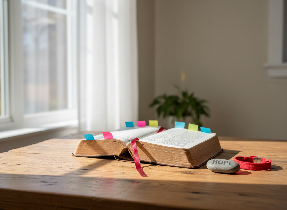 A neatly arranged wooden table displaying a worn but well-cared-for leather-bound Bible open to a page marked with several colorful sticky notes and a slim satin bookmark. Beside it rests a simple red ribbon awareness bracelet and a small, smooth river stone engraved with the word “Hope.” The table sits near a large window in a quiet room, with soft morning sunlight filtering through sheer white curtains, casting gentle, elongated shadows. The background falls into a subtle blur, suggesting a peaceful home environment with muted neutral tones. Photographic realism, shot at eye level using shallow depth of field, emphasizing the textures of leather, paper, and wood. The atmosphere feels calm, dignified, and encouraging, suitable for a faith-based HIV ministry homepage hero image.