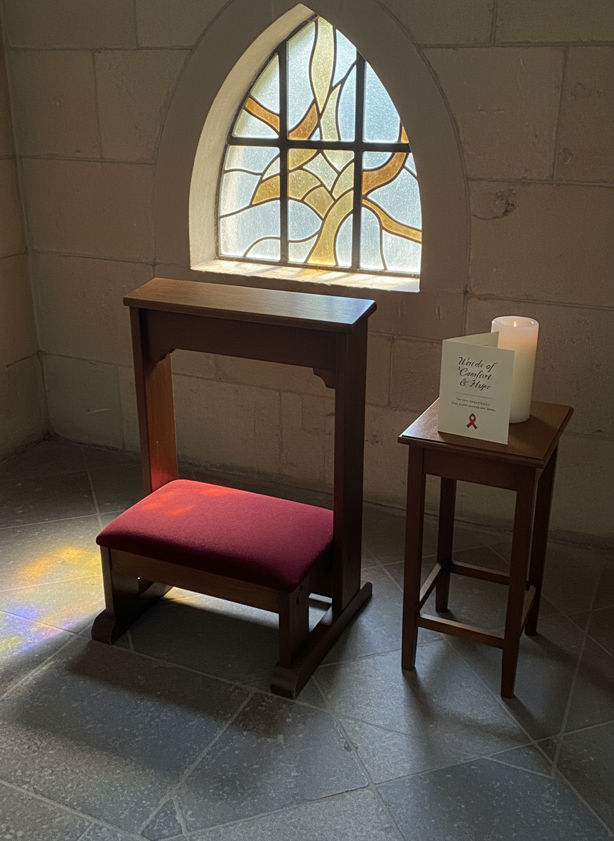 A well-lit church prayer corner featuring an unoccupied wooden kneeler with a cushioned red pad, a small side table holding an unlit white pillar candle, and a folded prayer card printed with words of comfort for those living with HIV, discreetly marked by a tiny red ribbon icon. Behind the kneeler, a simple stained-glass panel in soft blues and golds lets in diffused late-afternoon sunlight, casting gentle, colorful reflections on the stone floor. Photographic realism, shot from a slightly elevated angle to show the entire quiet space. The composition uses leading lines from the floor tiles toward the kneeler, creating an inviting, reverent atmosphere that emphasizes dignity, prayerful companionship, and spiritual refuge without showing any people.
