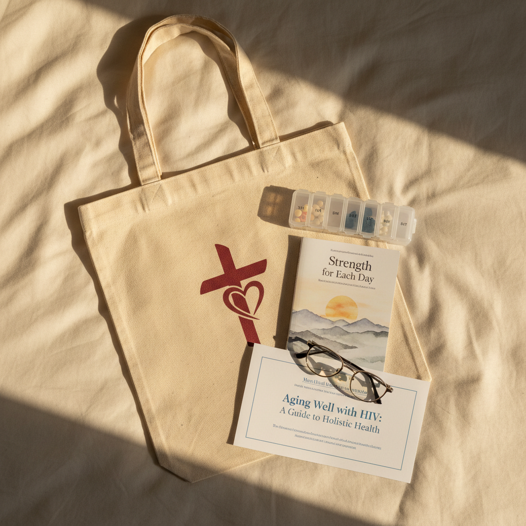 A carefully arranged care package laid out on a soft, neutral-toned bedspread: a sturdy canvas tote bag printed with a subtle cross and heart emblem, a weekly pill organizer closed but clearly labeled, a slim devotional booklet titled “Strength for Each Day,” and a folded information sheet about aging well with HIV. A pair of reading glasses rests beside the papers, hinting at an older adult recipient. Warm golden-hour light streams in from a nearby window, creating soft highlights on the tote’s textured fabric and gentle shadows along the bedspread’s folds. Photographic realism, captured from a top-down, bird’s-eye perspective with sharp focus throughout. The mood is tender, practical, and hopeful, illustrating compassionate outreach and holistic support from the ministry.